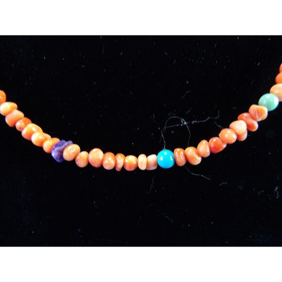 Turquoise & Tiger Coral Beaded Necklace 14 in - Picture 1 of 5